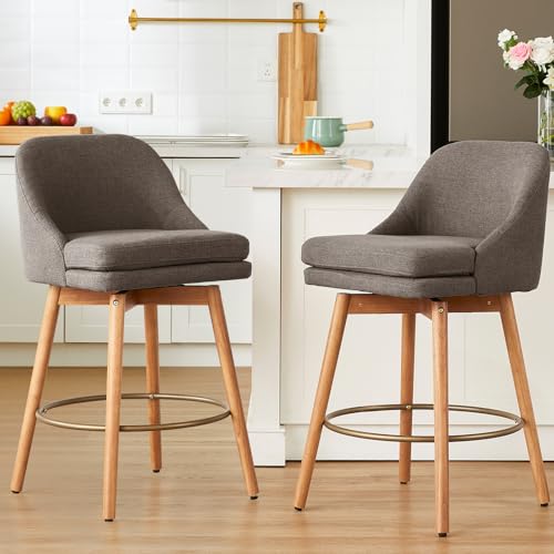Image of kinmars Modern Bar Stools Set of 2,Swivel Counter Height Bar Stools with Soft Upholstered Back,Thick Seat,Wooden Legs, 27 inch Counter Stools for Kitchen Island (Brown, 2 Pieces - 27 inch Counter Height)