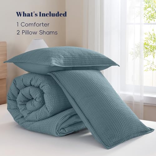Image of PHF Soft Waffle Comforter Set Queen Size- Comfy Breathable Waffle Weave Comforter with 2 Pillow Shams, 3 Pieces Less Snagging Lightweight Textured Bedding Set for All Season, Stormy Blue