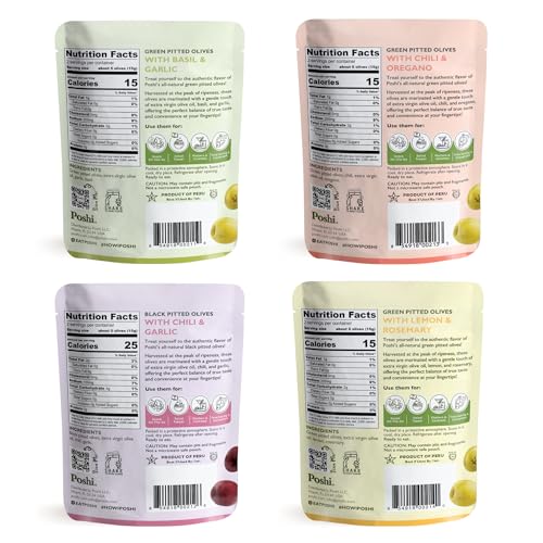 image for Poshi Natural Whole Pitted Olives | 24 Pack Variety | Basil & Garlic, 