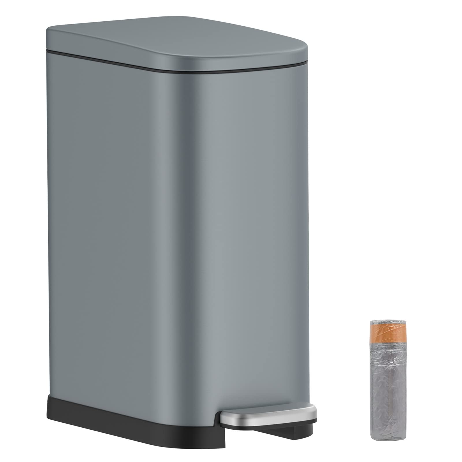 10 Liter/ 2.6 Gallon Bathroom Trash Can with Lid,Slim Rectanglar Garbage Can with Removable Wastebasket for Bathroom,Bedroom,Office(Grey)