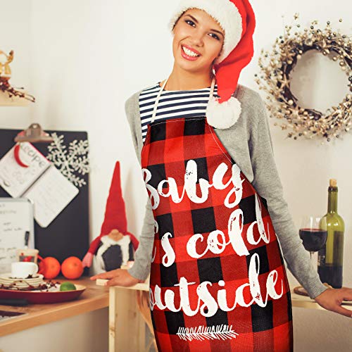 4 Pieces Christmas Buffalo Plaid Aprons, Xmas Adjustable Cooking Aprons With Elk Snowflake Patterns And Words Christmas Buffalo Check Kitchen Baking Apron (Style 3) #TOP5