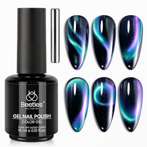 Image of Beetles Deep Sea Aurora Cat Eye Gel Nail Polish - 15ML 9D Chameleon Cat Eye Green Purple Double Magic Colors Gel Polish with Magnet Soak Off UV Velvet Gel Nail Art Design Gift for Women