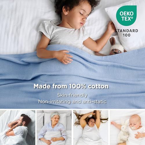 Image of Bedsure 100% Cotton Blanket, Herringbone Weave, Full, Ashley Blue