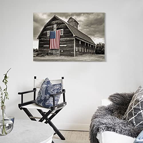 Black And White Farmhouse Barn American Flag Wall Art Canvas Painting Canvas Posters Prints Picture For Living Room Bedroom Office Kitchen Decor 24X36Inch(60X90Cm) Frame-Style #TOP4