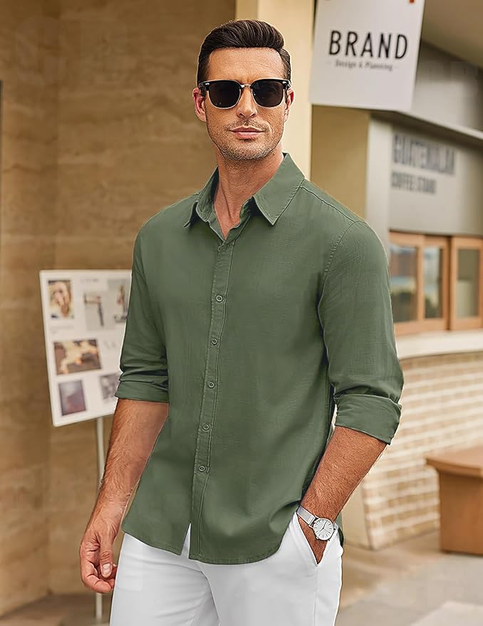 Image of CB-COLEBROOK Men's Long Sleeve Button Down Shirts Casual Cotton Linen Shirts Summer Beach Shirt for Mens Top (Available in Plus Size)