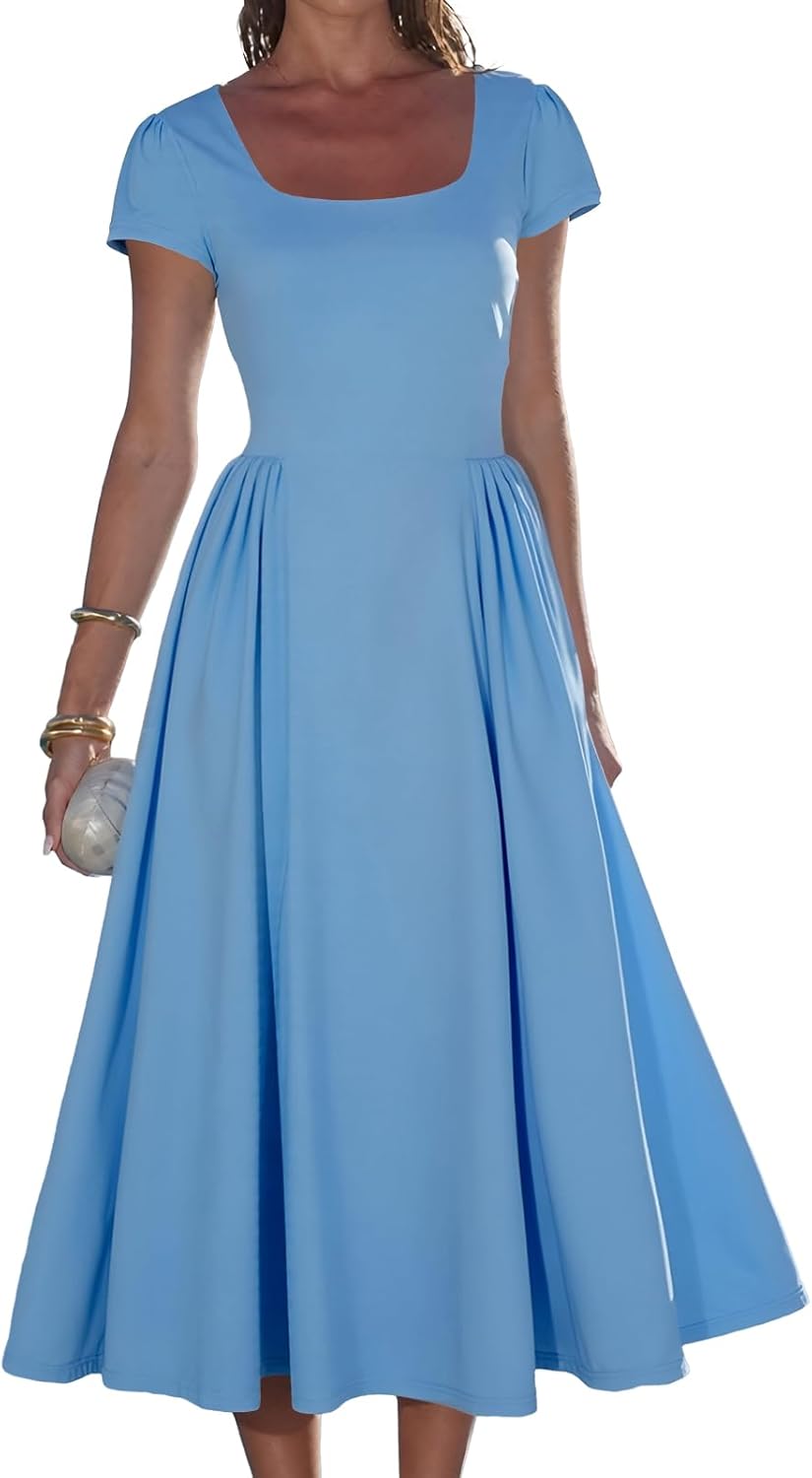 YUNDAI Women's Square Neck Midi Dress Short Sleeve Flowy A-Line Tie Back Dress