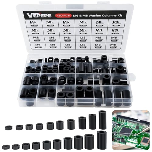 VEPEPE 150 Stück/20 Größen Kunststoff Rund Abstandshalter Kit, M6/M8 Distanzhülsen Schwarz, ABS Lsolierung Abstandshülsen, Distanzhülsen ohne Gewinde Säulen für Verbinden von Leiterplatten