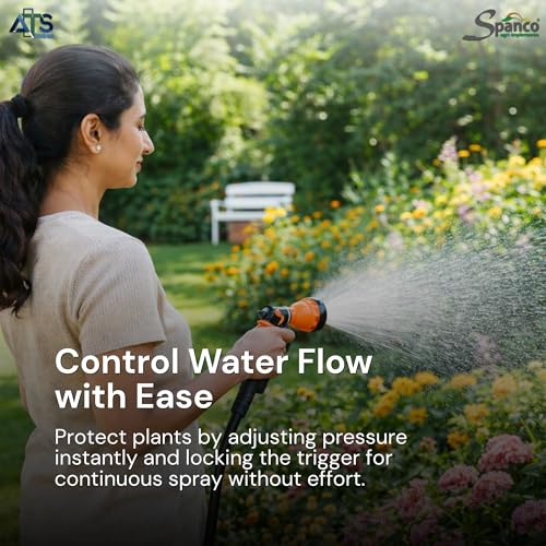 Image of Spanco 8-Pattern Garden Hose Spray Gun (SP-4020) | High Pressure Water Spray Nozzle for Plants, Car Wash, Balcony Cleaning & Pet Bath | Adjustable Water Flow, Lock Trigger, Universal Hose Connector
