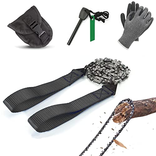 Sierra de hilo, motosierra manual con funda para cinturón, guantes protectores de pedernal, sierra manual de acero al carbono inoxidable para cortar ramas y árboles pequeños (105 cm) Cover