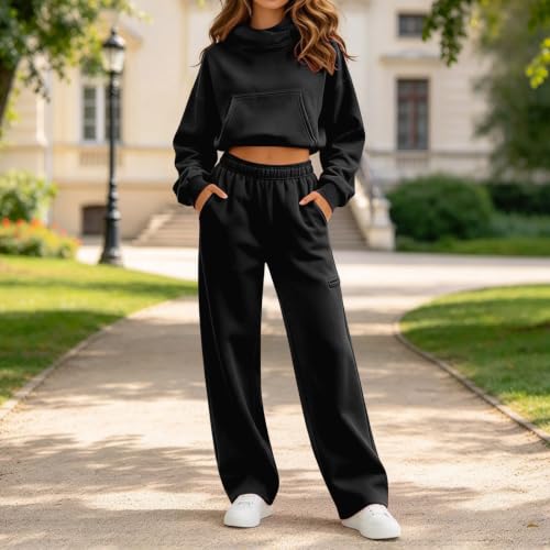 JiXiang Sweatsuit Set for Women Crop Hoodie Wide Leg Sweatpants Fall 2 Piece Tracksuits Loose Fit Y2K Trendy Jogger Suits - image 5