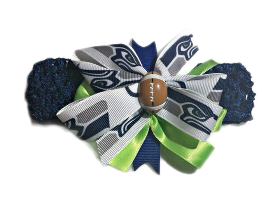 Image of Seahawks Baby Girl Boutique Bow Crocheted Headband Fits Newborn to Adult