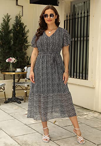 Image of Nemidor Plus Size Women Casual Maxi Dresses Print Bobo Belted Layered Chiffon Summer Long Dress with Ruffle Sleeve
