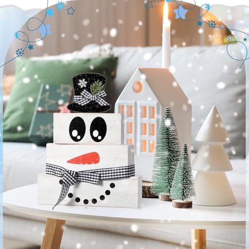 Image of Moucuny 4 Pcs Winter Table Decoration Wooden Snowman Decor Black and White Winter Tiered Tray Decor Rustic Snowman Face Wood Block Sign Gift Christmas Centerpiece Farmhouse for Wonderland Home