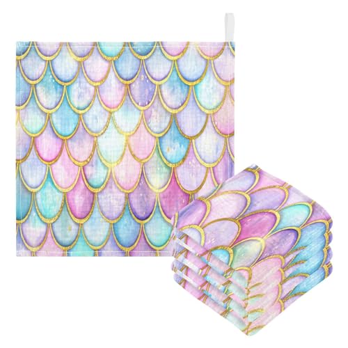Kigai Beautiful Colorful Mermaid Scales Baby Washcloths,5pcs Ultra Soft Absorbent Towel,Newborn Bath Face Towel, Natural Reusable Baby Wipes for Sensitive Skin, Baby Registry as Shower