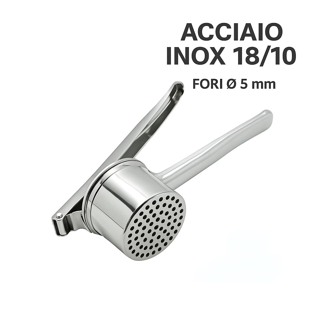 Schiacciapatate Manuale in Acciaio Inox 18/10 Passatella Professionale con Fori Ø 5 mm – Utensile Manuale Schiaccia passatelli da Cucina per Passatelli Patate Resistente Facile da Pulire