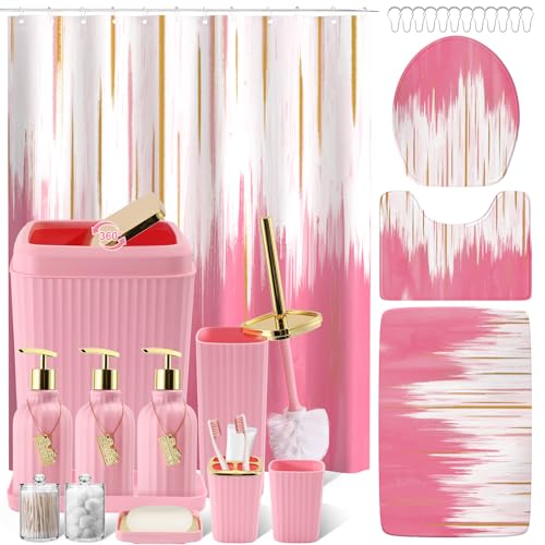 WSBArt 21PC Bathroom Sets with Shower Curtain and Rugs-Pink Bathroom Accessories,Non Slip Bathroom Rugs Set with Toilet Lid Cover, Waterproof Shower Curtain, 3PC Soap Dispenser with Trash Can