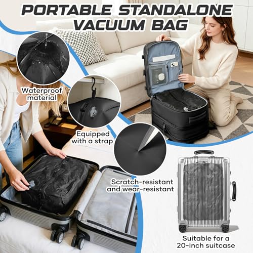 Image of Travel Backpack with Compression Vacuum Storage Bag & Electric Pump, Expandable Flight Approved Carry On Backpack, 18x14x8 inches Personal Item Travel Bag for Men Women, Black