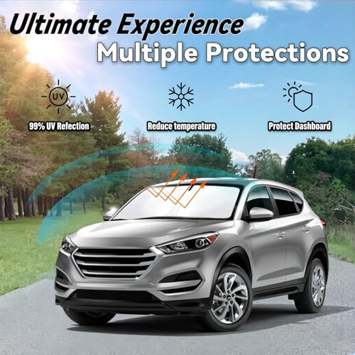 Image of Car Front Windshield Sun Shade for Tucson 2016-2021, Car Window SunShades Shield Cover Sun Visor Protector with 240T Reflective Fabric UV & Sun Heat Protection Accessories