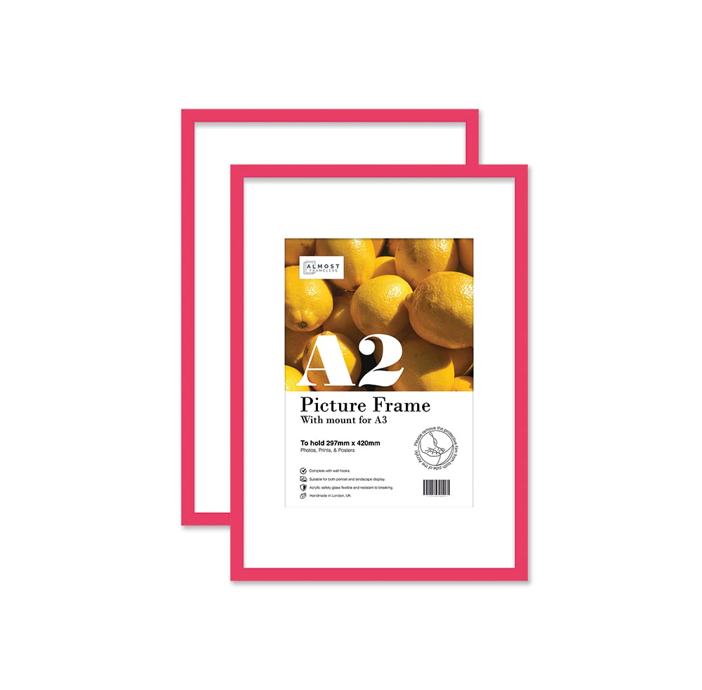 Almost Frameless A2 Bright Pink Picture Frame Set of 2, Display A3 Pictures with Mount or A5 Without Mount Gallery Wall, Poster, Photo, Artwork, or Print, Bright Pink