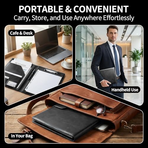 FeinKulturia Klemmbrettmappe A4 aus PU-Leder, Magnetische & Faltbare Clipboard Schreibmappe mit Deckel, Stiftehalter & Dokumentenfächern, Portfolio für Büro, Schule, Home, Pflege & Konferenzen Schwarz