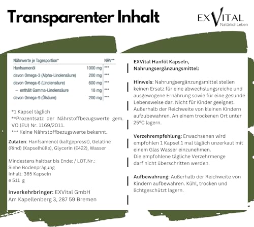 EXVital HANFÖL Kapseln - hochdosiert & kaltgepresst | 365 Kapseln (Jahresvorrat) | 1000mg je Kapsel | Laborgeprüft | pflanzliche Omega 3,6 + 9 - Hanfsamenöl | Made in Germany