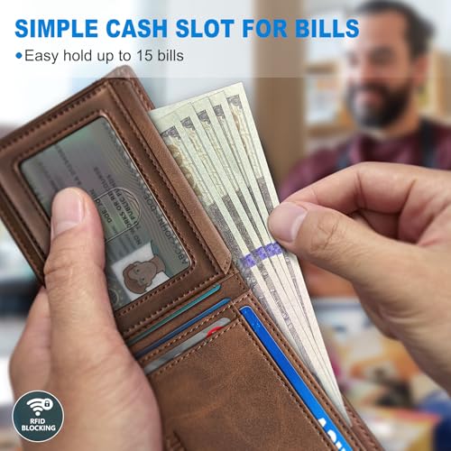 Image of miyozi AirTag Wallet for Men, Slim Leather Bifold with Holder Slot, 2 ID Windows & 13 Card Slots, RFID Blocking Front Pocket Wallet with Gift Box