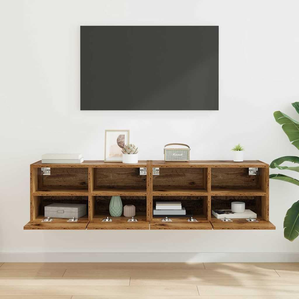 TV-Wandregale 2er Set Altholz 60x30x30 cm Holzwerkstoff Hängeregal Wandregal Hochglanz Wohnzimmer Regal für Fernseher Media Center Schlafzimmer Dekoration Platzsparend Lagerregal