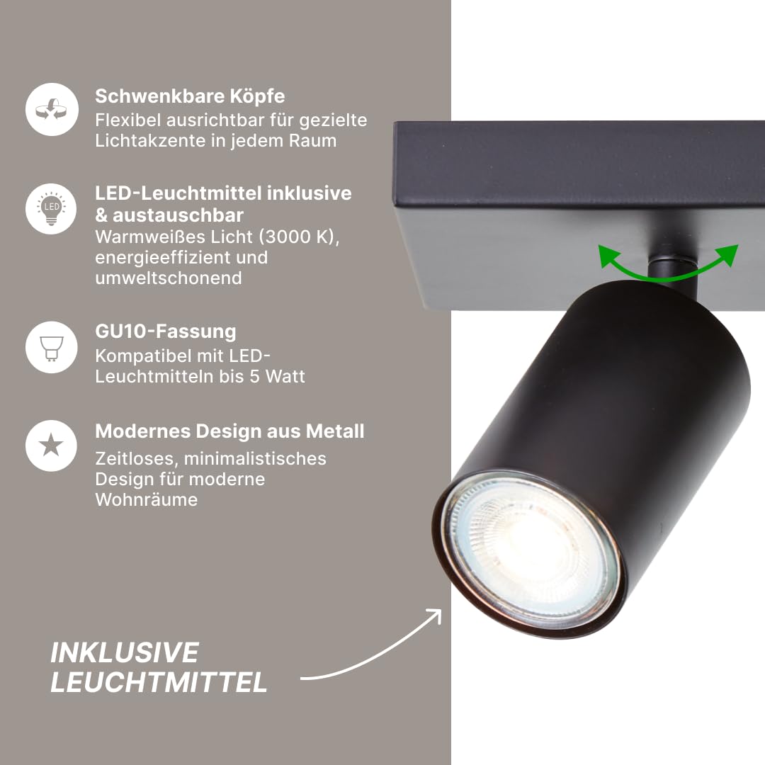 Brilliant Jello LED Spotbalken 3-flammig – Deckenleuchte aus Metall in Schwarz matt mit schwenkbaren Köpfen, inkl. 3× LED GU10 (350 lm, warmweiß), dimmbar, IP20