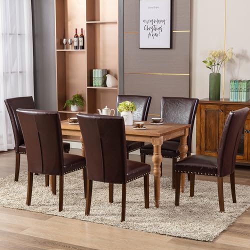 Image of COLAMY Upholstered Parsons Dining Chairs Set of 2, PU Leather Dining Room Kitchen Side Chair with Nailhead Trim and Wood Legs - Dark Brown