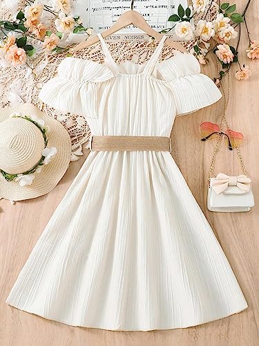 Floerns Girls Cold Shoulder Ruffle Trim Short Sleeve Belted A Line Midi Dress2