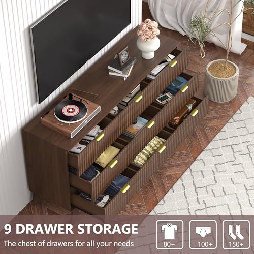 Image of 9 Drawer Dresser for Bedroom, 57''Wide Fluted Wooden Dresser Storage Cabinet and Chest of Drawers with Metal Handle, Storage Organizer for Living Room, Hallway, Entryway, Walnut