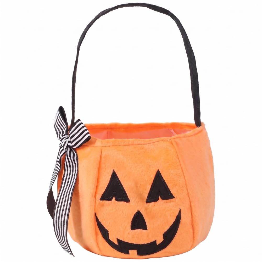 Bemonew Orange Halloween Pumpkin Bucket, Embroidered Bow Small