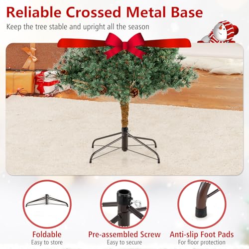 Image of Goplus 8 FT Pre-Lit Artificial Christmas Tree, Cashmere Xmas Tree with 702 Pine Needles, 400 Warm White LED Lights with Bulb Cover, Natural Pine Cones, Foldable Metal Stand, Home Office Decoration