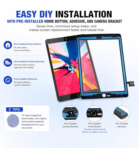Image of for iPad 7th /8th Generation(7 8 Gen) Glass Screen Repair Replacement Kit | (No LCD) 2019 /2020 10.2 inch A2197 A2198 A2200 A2270 A2428 A2429 A2430 Touch Digitizer, Adhesive, Home Button , Protector, Tools