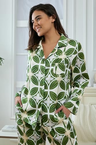 Image of YiNi LuLu Womens Silk Satin Pajamas Set Button Down 2 Piece Pjs Long Sleeve Oversized Sleepwear with Pockets