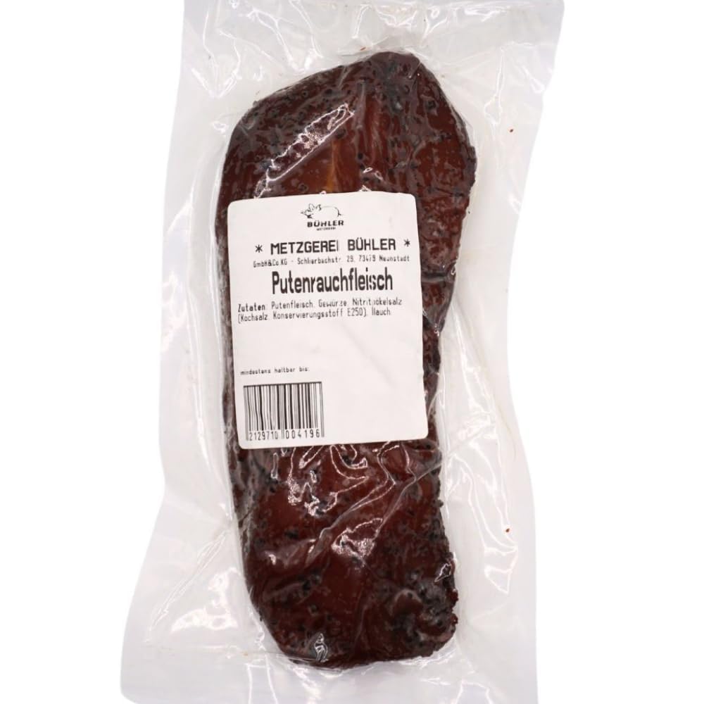 Putenrauchfleisch 250g Protein Snack ohne Zuckerzusatz ca. 60g Protein Geräucherte Putenlende aus 100% deutschem Putenfleisch High Protein herzhaft gewürzt proteinreich ready to eat Metzgerei Bühler