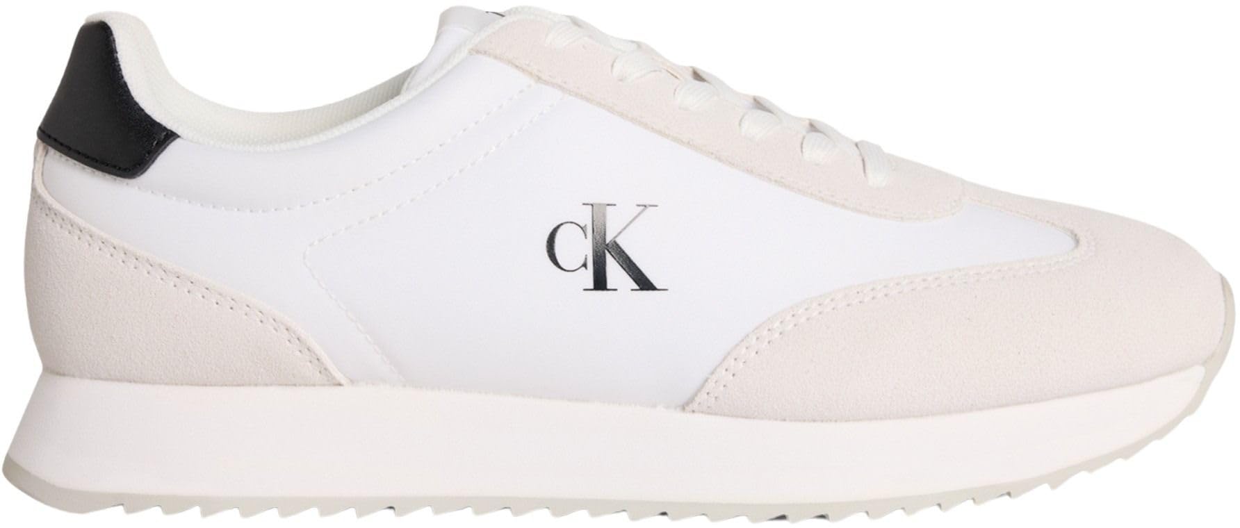 Calvin Klein Men’s Retro Leather Lace-up Runner Trainers, White (Bright White/Black), 8