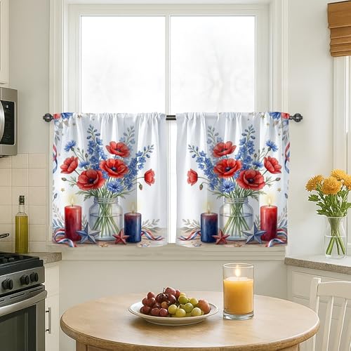 Rideaux de cuisine avec coquelicots rouge pour fenêtre de buanderie, buanderie, couloir, appartement, décoration de fenêtre, 66 x 76 cm
