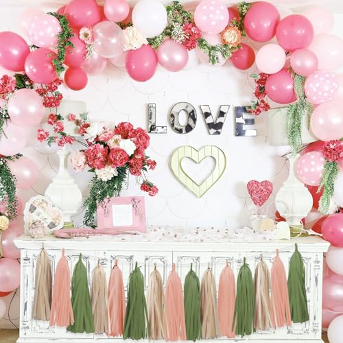 Image of Retro Pink Sage Green Tassel Garland for Woodland Baby Shower Decorations Boho Birthday Party Gender Reveal Decorations 15PCS