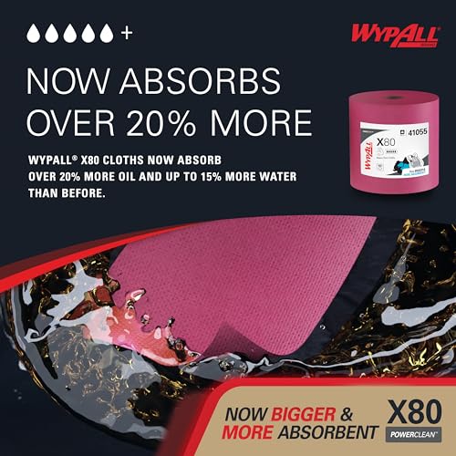 Image of WypAll PowerClean X80 Cloths Heavy Duty Wipes (41055), Jumbo, Extended Use Towels, Red (1 Roll of 455 Sheets, 455 Sheet Total)