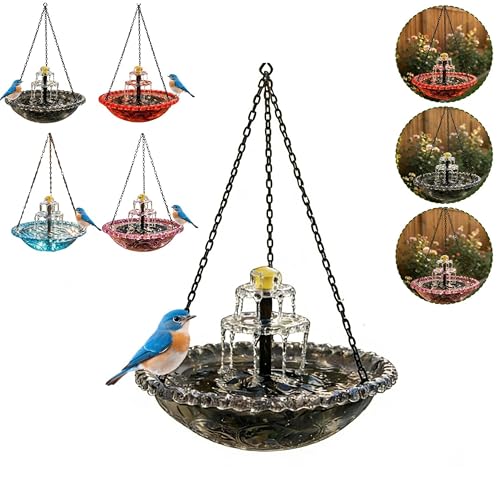 Fuente de baño colgante en cascada solar para pájaros con bomba solar, baño de cristal azul de metal para exteriores, función de agua para atraer pájaros silvestres y colibríes para patio, balcón