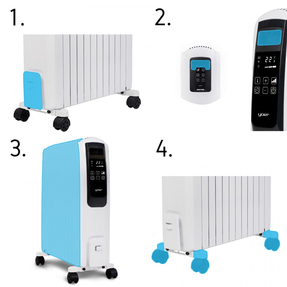 Yoer Inferno OFR1025W, Elektryczny grzejnik olejowy, 2500W, Efekt komina, Wi-Fi, Pilot, 10 żeberek, Kółka, Nawijacz na przewód, biały