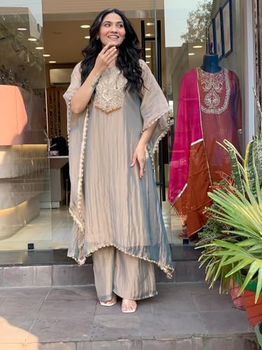 Image of GoSriKi Fendy Glass Embroidered A-Line Kurta with Palazzo for Women | Fendy Glass Grey | Kaftan Sleeve | Round Neck | Ethnic Wear Casual Wear
