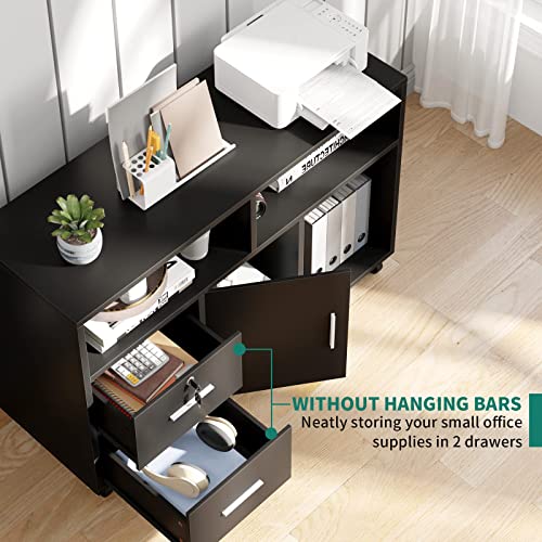 Yitahome Wood File Cabinet, 2 Drawer Mobile Lateral Storage Cabinet Printer Stand With Lock And Open Storage Shelves For Home Office, Black,Drawers Without Hanging Bars #TOP4