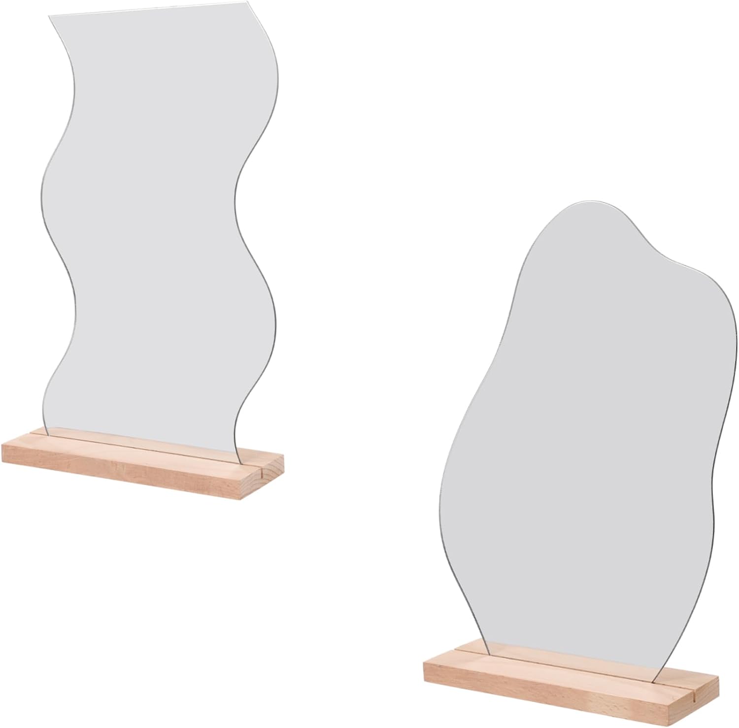 OUNONA 2pcs Aesthetic Makeup Mirror Set with Wooden Base, Silver Acrylic