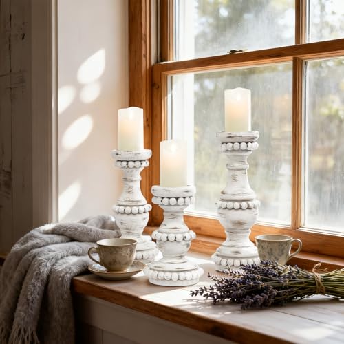 JUMBO DECOR Farmhouse Large Candle Holders for Pillar Candles, Rustic Wooden Beaded Candle Holder, Perfect for Table Centerpieces, Coffee Table or Fireplace Mantel, 3 Piece Set (White) JUMBO DECOR Farmhouse Large Candle Holders for Pillar Candles, Rustic Wooden Beaded Candle Holder, Perfect for Table Centerpieces, Coffee Table or Fireplace Mantel, 3 Piece Set (White)