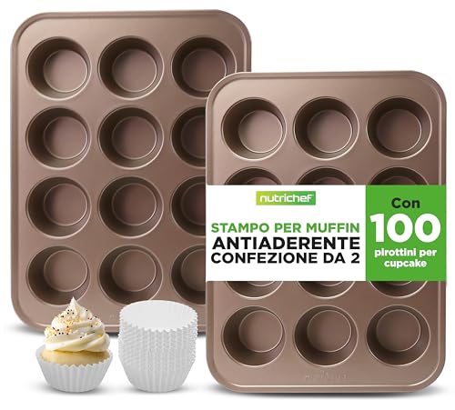 NutriChef 2 Stampi Teglia Muffin Antiaderenti, Stampi per Cupcake, Brownies, Budini, 12 Scomparti ciascuno, in Acciaio al Carbonio, Impilabili e Lavabili in Lavastoviglie, Oro