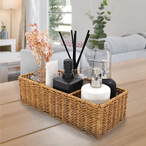 Myhomebody Wicker Basket With 3 Compartments | Woven Baskets For Organizing | Storage Basket, Toilet Tank Basket | Bathroom Counter Organizer, Bedroom Organization | Tan, 1Pc #TOP2