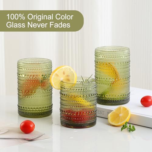 Image of ZMOWIPDL Drinking Glasses Set of 12,Green 12oz & 15oz Hobnail Glass Cups | Vintage Glassware,Embossed Water Tumbler,for Beer,Cocktail,Whiskey,Juice and Various Mixed Drinks- 1 Cleaning Brush