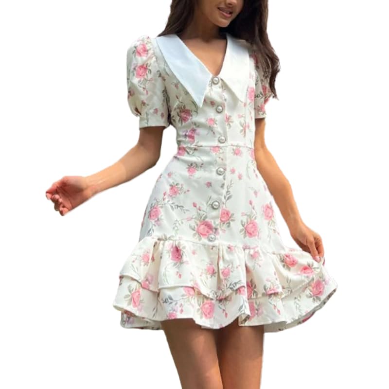 fdsmall Vestido Corto Floral para Mujer con Mangas Abullonadas y Bajo Volado, Cuello Peter Pan, Escote en V, Corte A y Cierre Delantero de Botones (FR/ES, Letras, S, Regular, Regular, Pink)